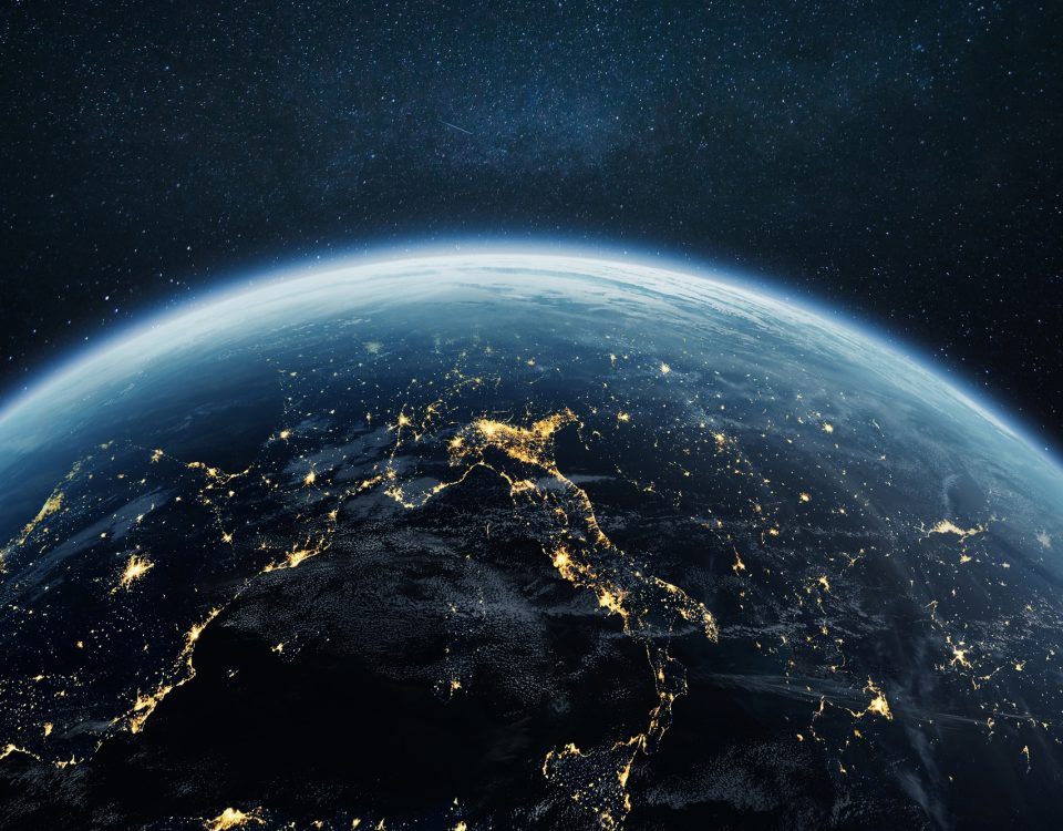 Amazing planet Earth with night lights of cities and megacities with open starry space