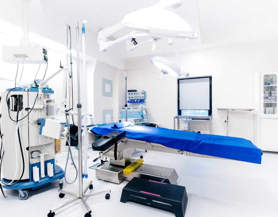Hospital interior with operating surgery table,