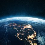 Amazing planet earth with night city lights, Japan view from space. Electricity Concept