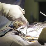 Doctors performing a spinal surgery under the lights in a hospital - surgical concept