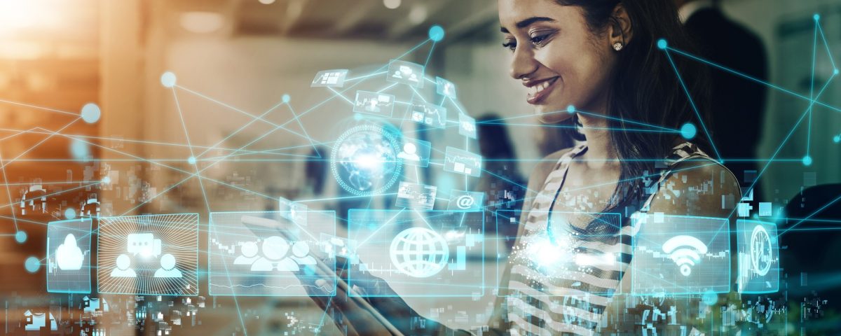 Internet, networking and digital transformation with woman and tablet for global communication, web