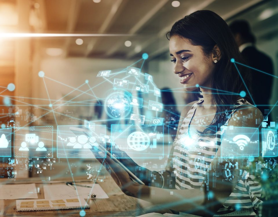 Internet, networking and digital transformation with woman and tablet for global communication, web